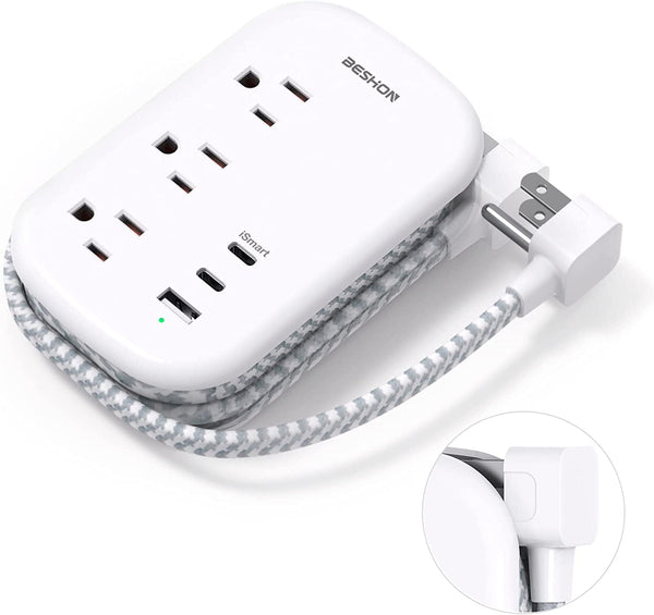 BESHON Flat Plug Power Strip, 3 Outlets with 3 USB Ports(2 USB C), Ultra Flat 3.2Ft Wrapped around Extension Cord for Cruise Ship, Travel, Dorm Room Essentials