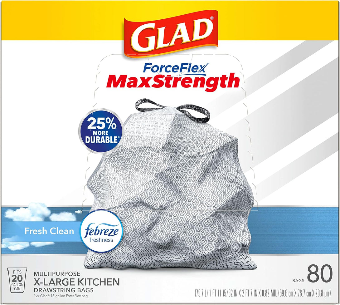 Glad Forceflex Maxstrength XL Kitchen Trash Bags, 20 Gal, Fresh Clean, 80 Ct (Package May Vary)