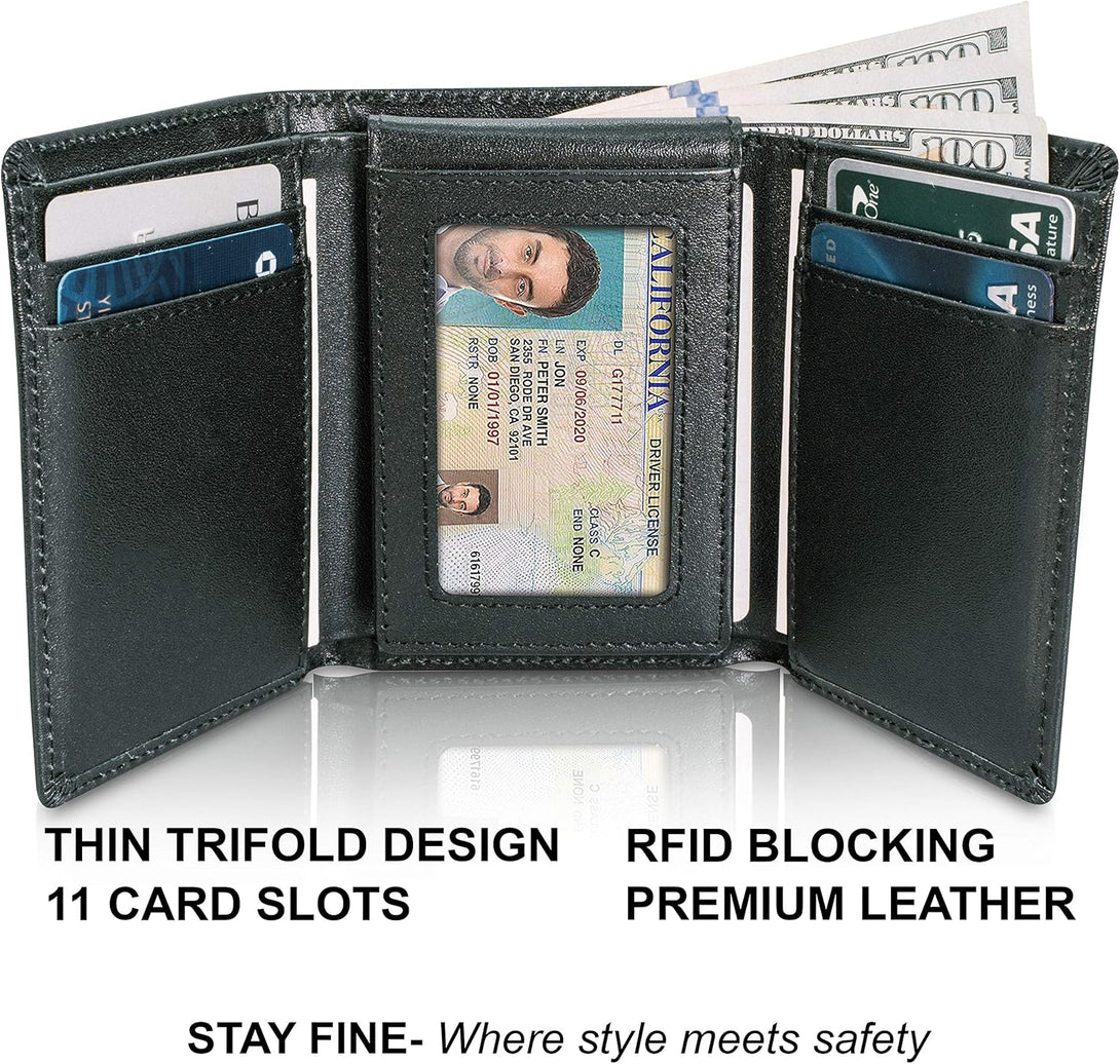 STAY FINE Men’S Leather RFID Trifold Wallet with Flip up ID, Slim Extra Capacity Card Holder, Gift Ready, Black