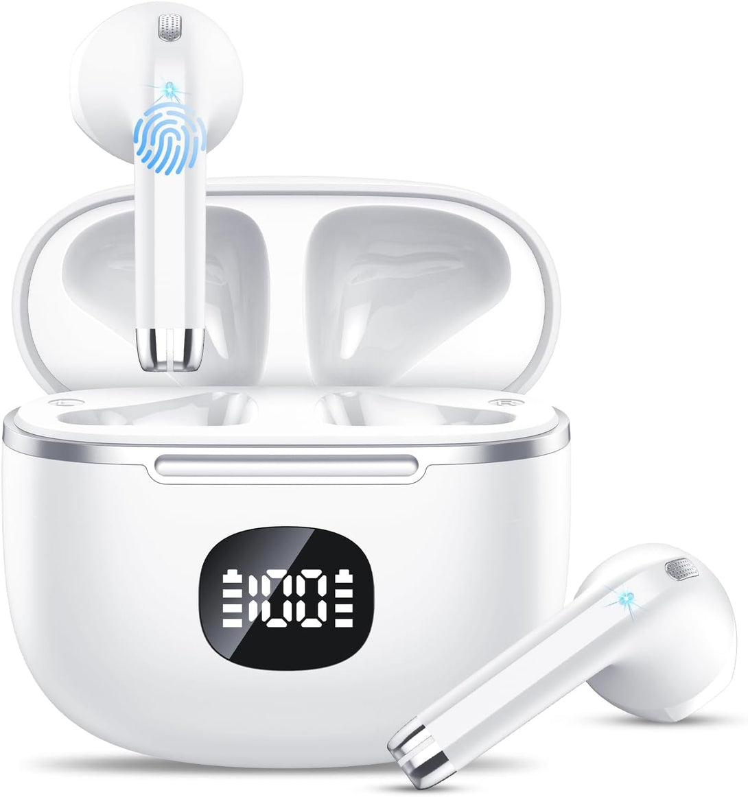 Wireless Earbuds, Bluetooth Headphones 5.3, 50H Playtime LED Display Deep Bass Ear Buds with 4 ENC Noise Cancelling Mic, IP7 Waterproof In-Ear Earphones for Phone Tablet Laptop Sports (White)