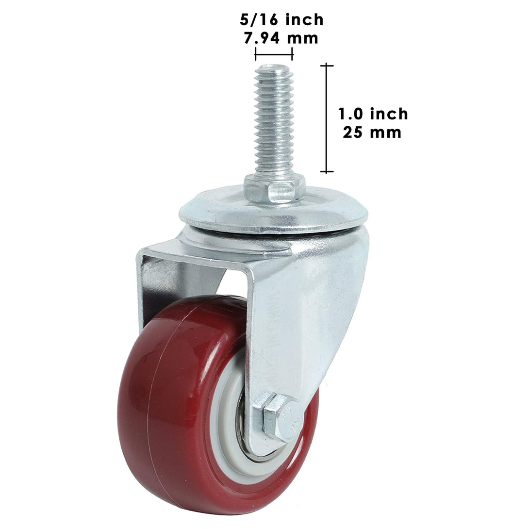 Finnhomy Swivel Caster Wheels 2 Inch Heavy Duty Threaded Stem Casters 5/16"- 18 X 1 Set of 4 Premium Polyurethane Wheels PU Load Bearing 800 Lbs Anti-Wear Smooth Casters, Red