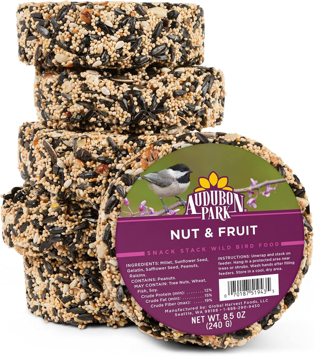 Audubon Park Nut & Fruit Snack Stack Wild Bird Food, Bird Seed Cake for outside Feeders, 6-Pack