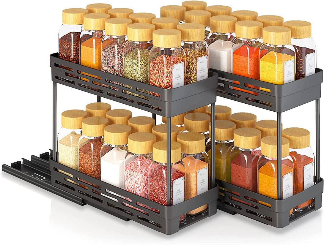 2 Packs Pull Out Spice Rack Organizer for Cabinet, Slide Out Spice Racks Organizer, Easy to Install Spice Cabinet Organizers, 4.33''Wx10.4''Dx8.5''H, Each Tier Hold 10 Spice Jars - 2 Tier