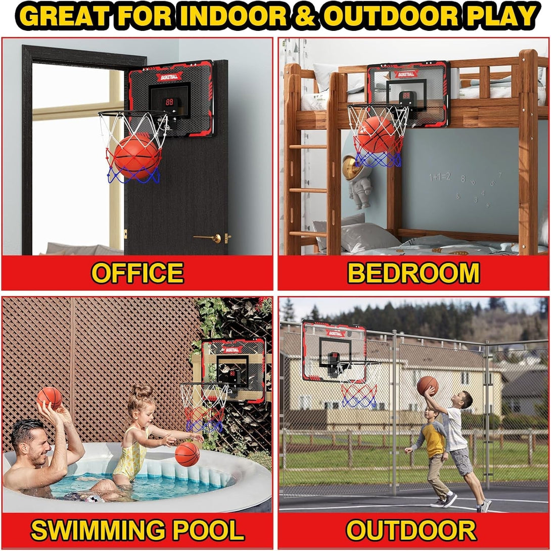 Basketball Hoop Indoor, over the Door Basketball Hoop with Electronic Scoreboard, Mini Basketball Hoop for Bedroom Office Wall, Basketball Toys Gifts for Boys Teens Adults 3 4 5 6 7 8 9 10 11