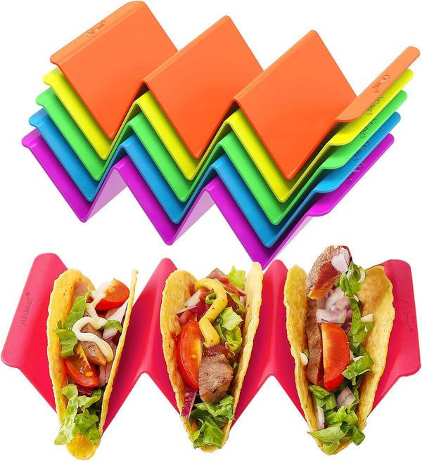 Aichoof Colorful Taco Holder Stands Set of 6 - Premium Large Tray Plates Holds up to 3 or 2 Tacos Each, PP Health Material Very Hard and Sturdy, Dishwasher & Microwave Safe