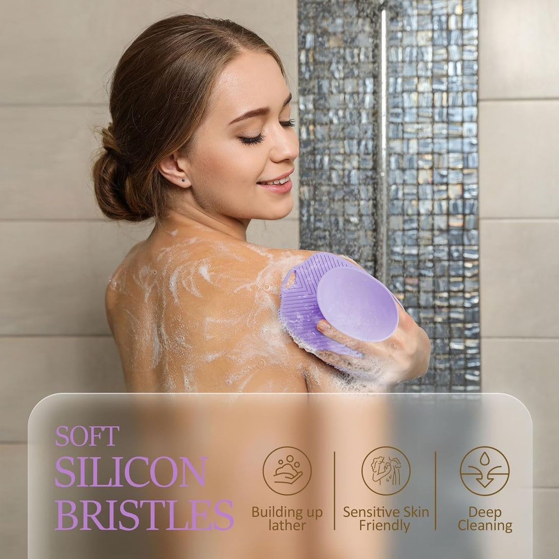 Soft Silicone Body Scrubber, Gentle like a Hand Exfoliating Your Skin and Build up Lather Easily, Back Large Suction Cup Easy to Store, Long-Lasting & Deep Clean (Purple)