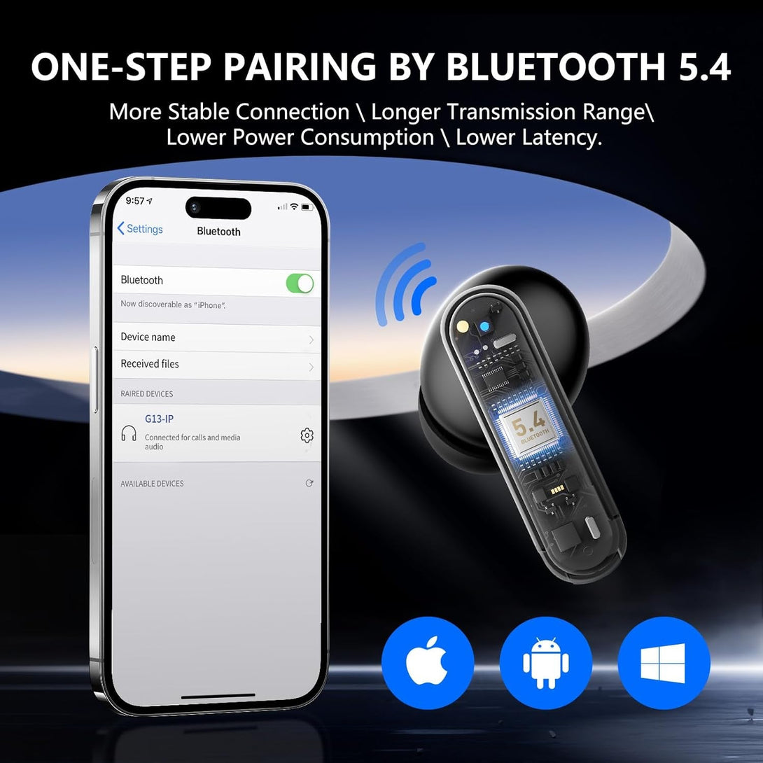 Bluetooth 5.4 Earbuds 42H Playtime | LED Display & 4 ENC Mics | IPX6 | Touch Control | Hi-Fi Sound for Sports/Office (Ios/Android/Pc)