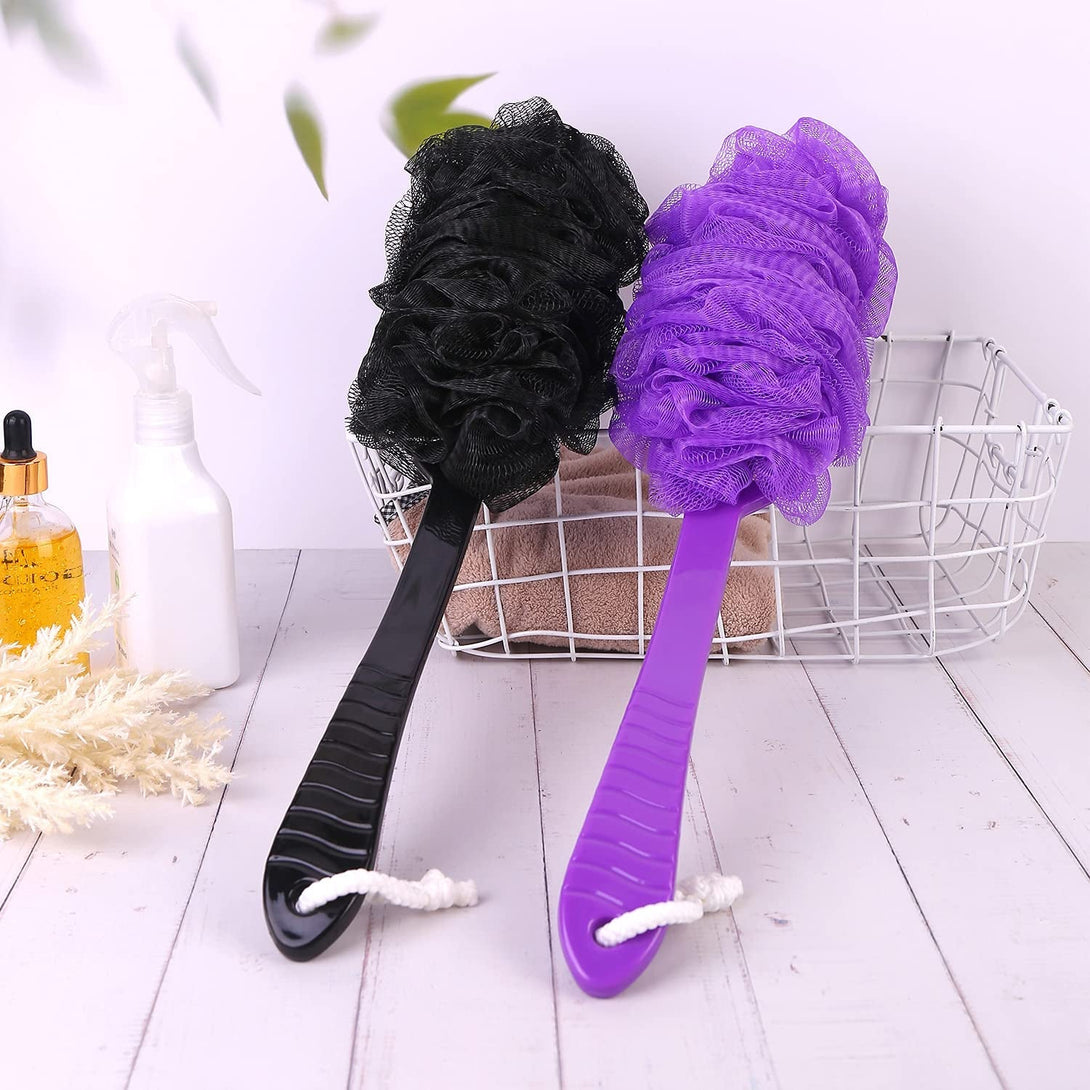 Back Scrubber Brush Long Handle for Shower, Loofah on a Stick Sponge Back Brush, Body Exfoliator Scrubber Bath Brush for Men Women, Exfoliating Cleaning Back Scrubber for Elderly (2 Pack-Green+Purple)