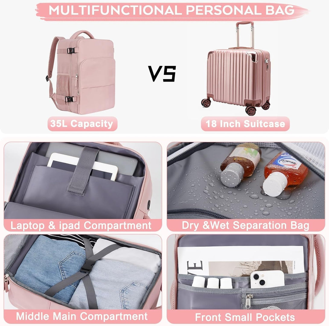 Travel Backpack for Women, Personal Item Bag for Airlines, Lightweight Carry on Backpack, Casual Hiking Work Gym College Weekender Bag Daypack, Laptop Backpack, Pink