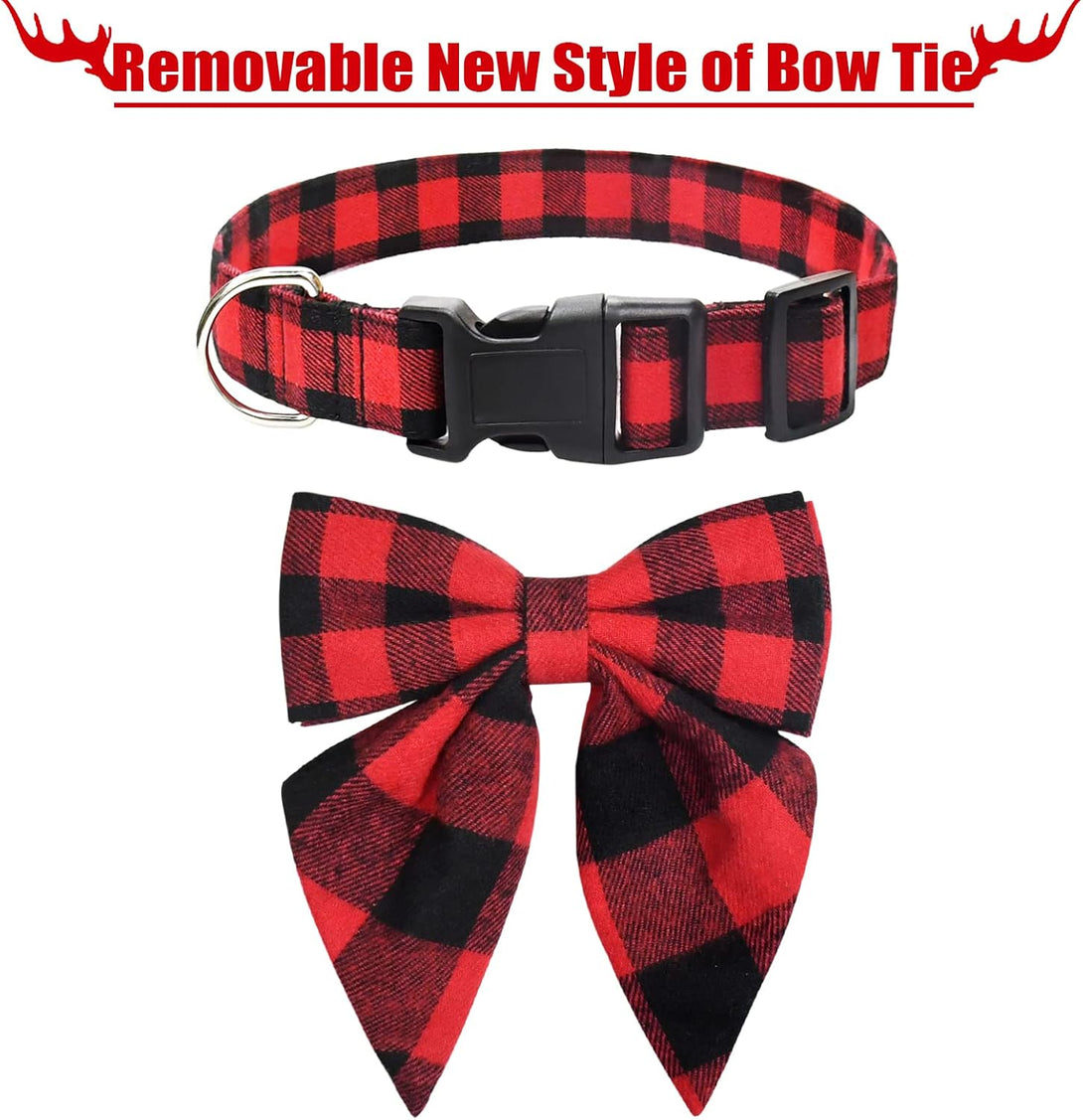 Malier Christmas Dog Collar with Bow Tie, Christmas Classic Plaid Dog Collar Soft Durable Holiday Dog Collar for Small Medium Large Dogs Pet Puppy (Red & Black, Small)