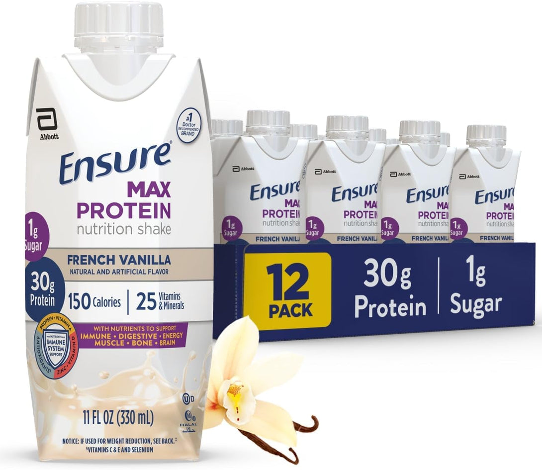 Ensure Max Protein Shake | French Vanilla | Meal Supplement Shake | Ready to Drink | 30G Protein for Muscle Building | 1G Sugar, 4G Fiber | 11 Fl Oz - 12 Pack