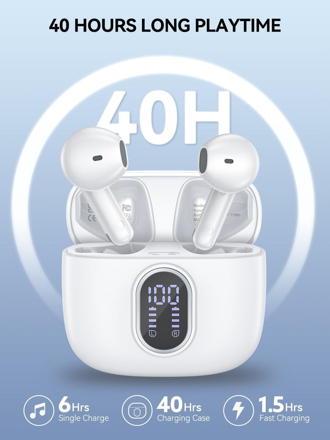 Wireless Earbuds Bluetooth 5.3 Headphones 42 Hrs Playtime with LED Display, Hifi Stereo Wireless Earphones with 4 ENC Noise Cancelling Mics, IPX7 Waterproof Ear Buds for Ios and Andorid White