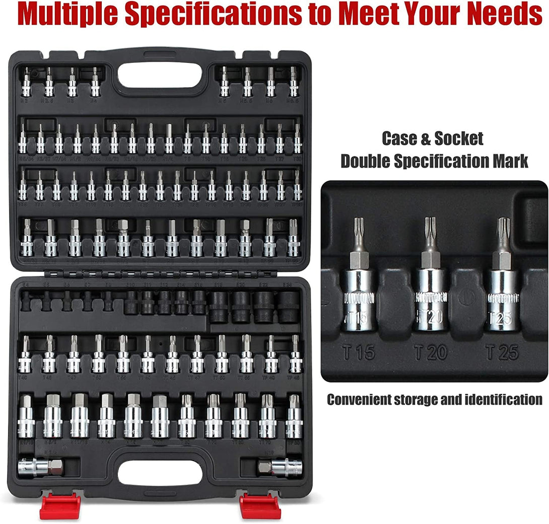 92-Piece Allen and Torx Bit Socket Set, 1/4" 3/8" and 1/2" Drive Torx/Tamper Proof Torx/Hex SAE & Metric Bit Set