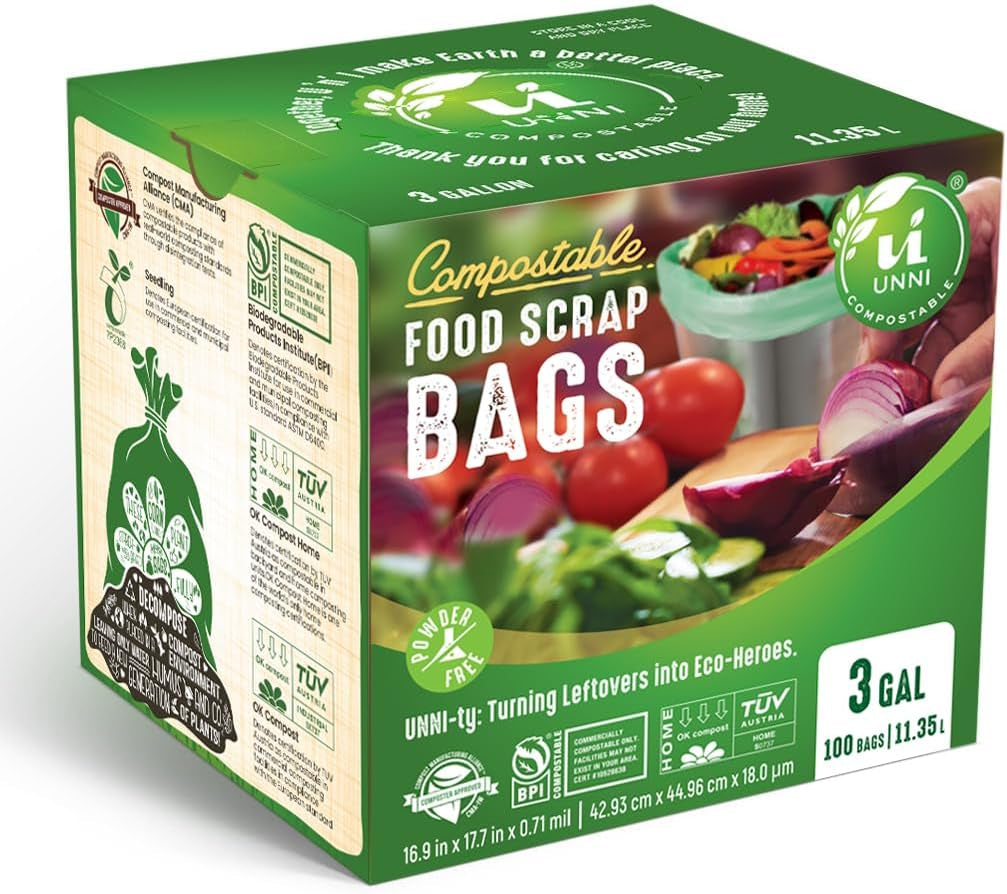 UNNI Compostable Liner Bags, 3 Gallon, 11.35 Liter, 100 Count, Extra Thick 0.71 Mil, Small Kitchen Food Scrap Waste Bags, ASTM D6400, US BPI, CMA and Europe OK Compost HOME Certified