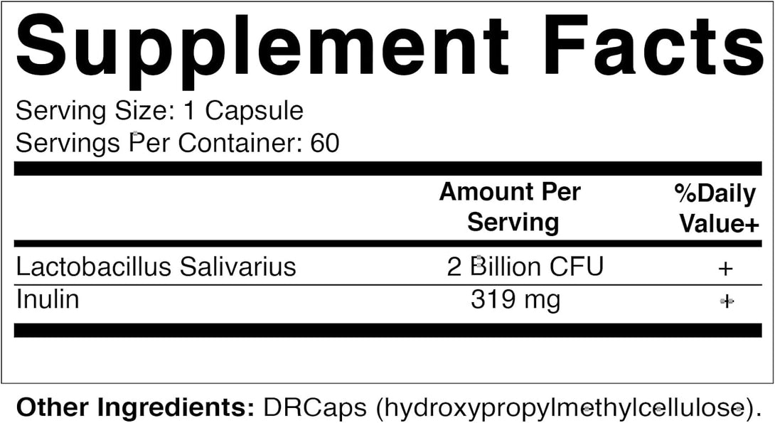 Vitamatic Lactobacillus Salivarius 2 Billion per DR Capsule - 60 Count - Digestive Support - Made with Prebiotic Inulin Fiber (1 Bottle)