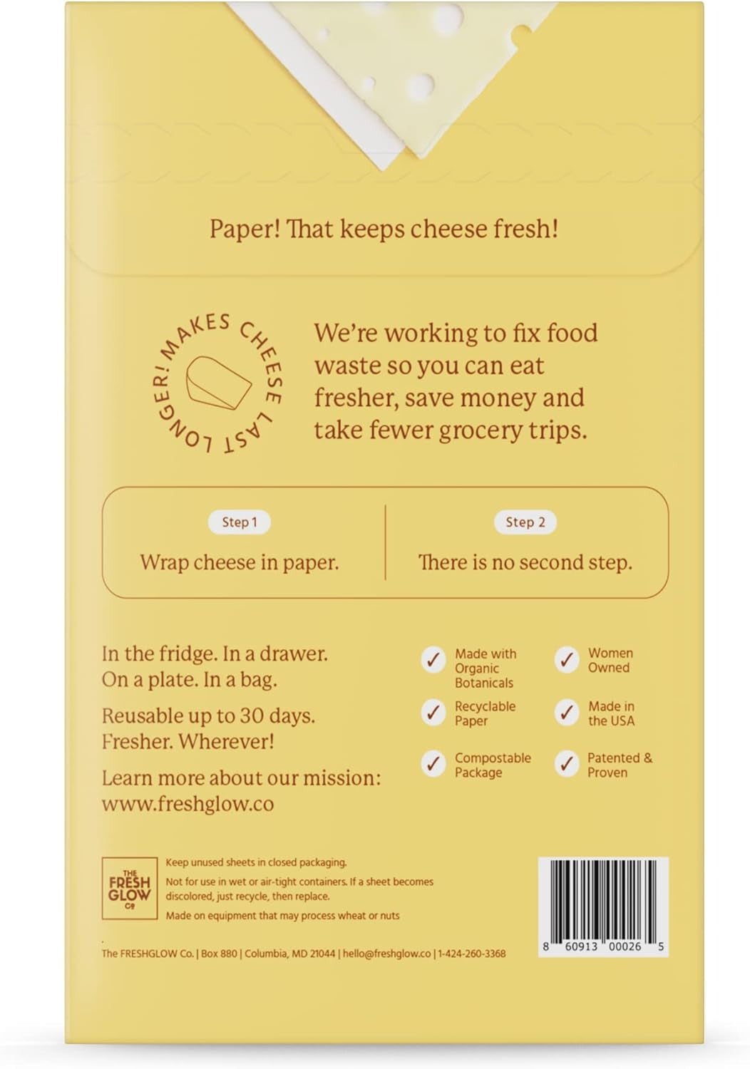THE FRESHGLOW Co FRESHPAPER Food Saver Sheets for Cheese, 8 Reusable Sheets (1 Pack), Keeps Cheese Fresh for 2-4X Longer- Made in the USA