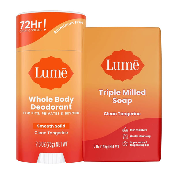 Lume Whole Body Deodorant and Soap - 2.6 Ounce Smooth Solid Stick with 72 Hour Odor Control and 5 Ounce Triple Milled Soap - Aluminum Free, Baking Soda Free and Skin Loving (Clean Tangerine)