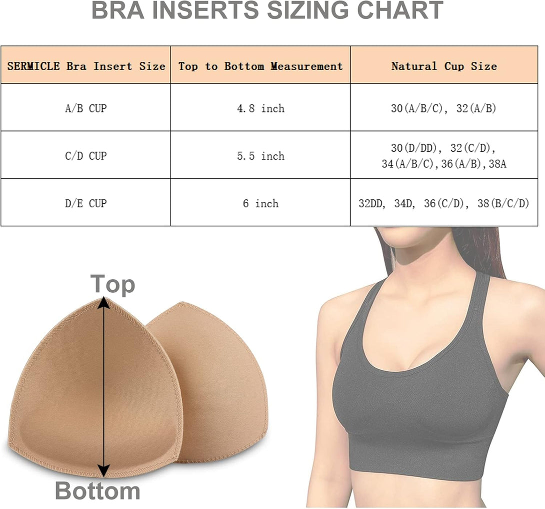 SERMICLE Bra Pad Inserts 4 Pairs, Bra Pads Sewn Padded for Sports Bra A/B or C/D,D/E Cup Beige or Black, White Optional