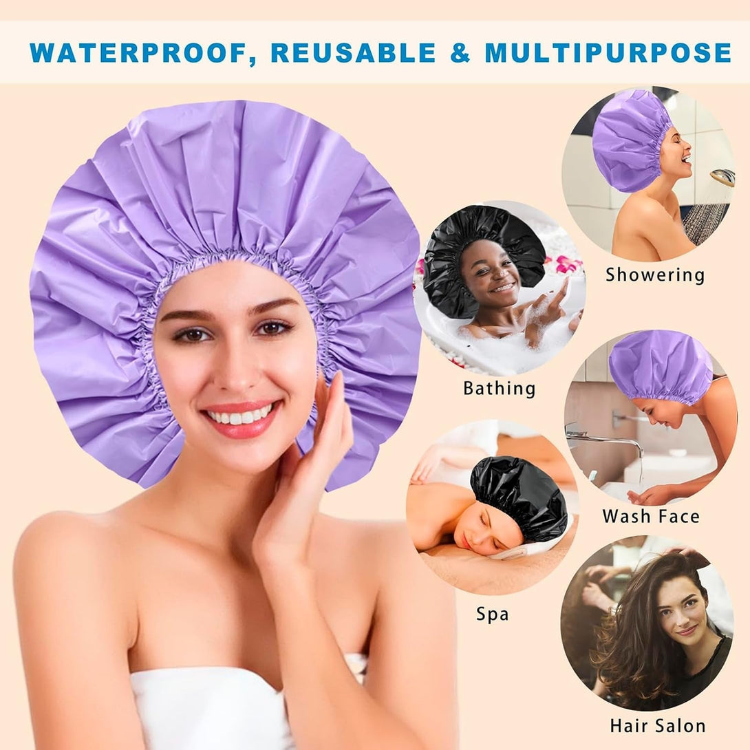 Jumbo Size Shower Cap 2 PCS Waterproof Shower Caps for Women, Extra Large Shower Cap, Reusable Super Large Bath Caps Hair Cap for Long Thick Curly Hair, Locs, Twist Braids - Black + Purple