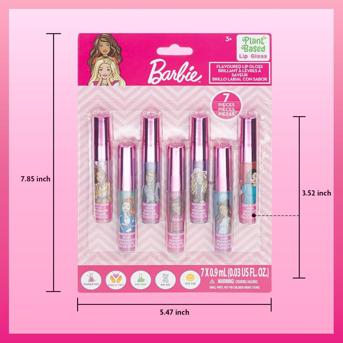 Barbie 7 Piece Plant Based Lip Gloss, Girls Party Favors, First Makeup Set for Girl, Perfect for Parties, Sleepovers, and Birthday Gifts, Ages 3+, by Townley Girl