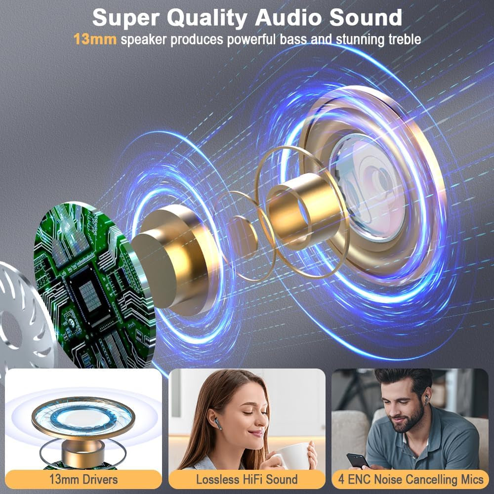 Wireless Earbuds, Bluetooth Headphones V5.4 Stereo Bass Ear Buds with ENC Noise Cancelling Mics,56H Bluetooth Earbuds with LED Display Charging Case, IP7 Waterproof Earphones for Android Ios, Black