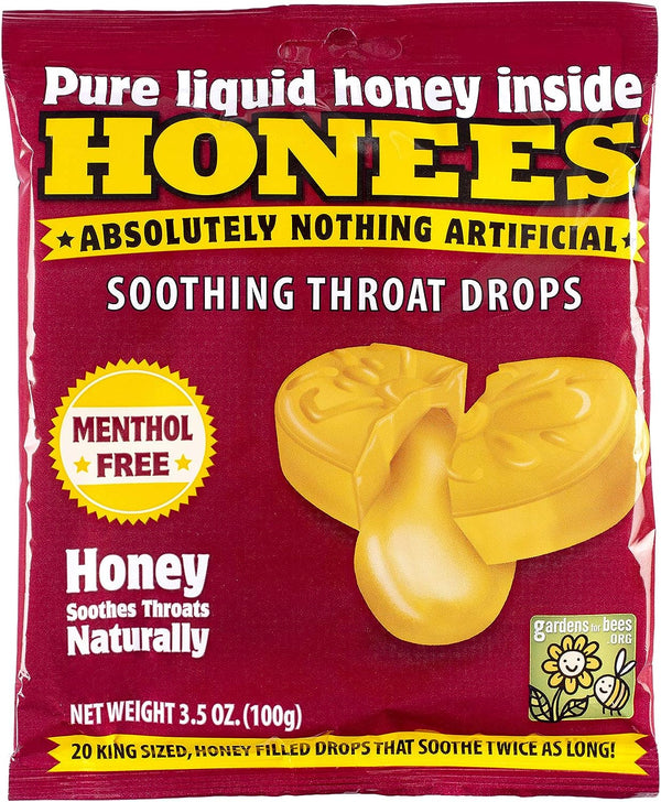 Honees Honey Filled Drops, Honey Cough Drops with Real Honey - Natural Sore Throat Relief - Nothing Artificial -Throat Coat Lozenges , Natural Cough Suppressant, Non-Gmo, Gluten Free (20 Units)