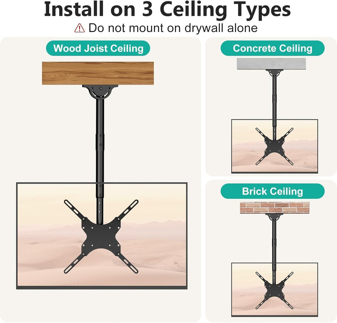 WALI TV Ceiling Mount Adjustable Bracket Fits Most LED, LCD, OLED and Plasma Flat Screen Display 26 to 65 Inch, up to 110 Lbs, Mounting Holes 400X400Mm (CM2665), Black