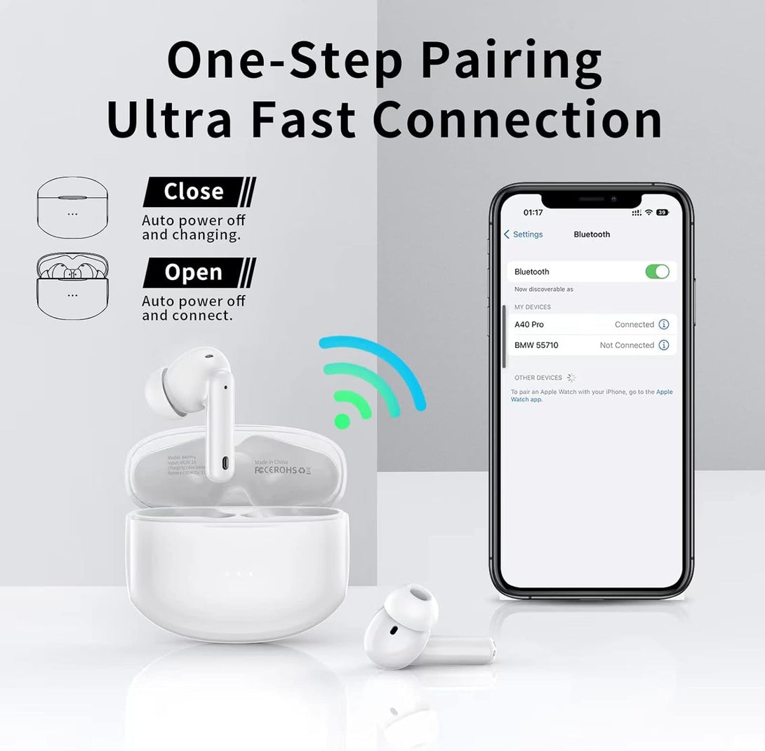 A40 Pro Wireless Earbuds, 50Hrs Playtime Bluetooth Earbuds Built in Noise Cancellation Mic with Charging Case, Bluetooth Headphones with Stereo Sound, IPX7 Waterproof Ear Buds for Phone