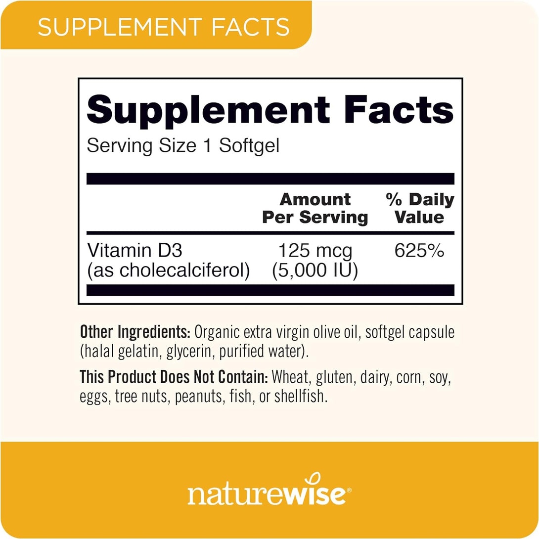 Naturewise Vitamin D3 5000Iu (125 Mcg) 1 Year Supply for Healthy Muscle Function, and Immune Support, Non-Gmo, Gluten Free in Cold-Pressed Olive Oil, Packaging Vary ( Mini Softgel), 360 Count