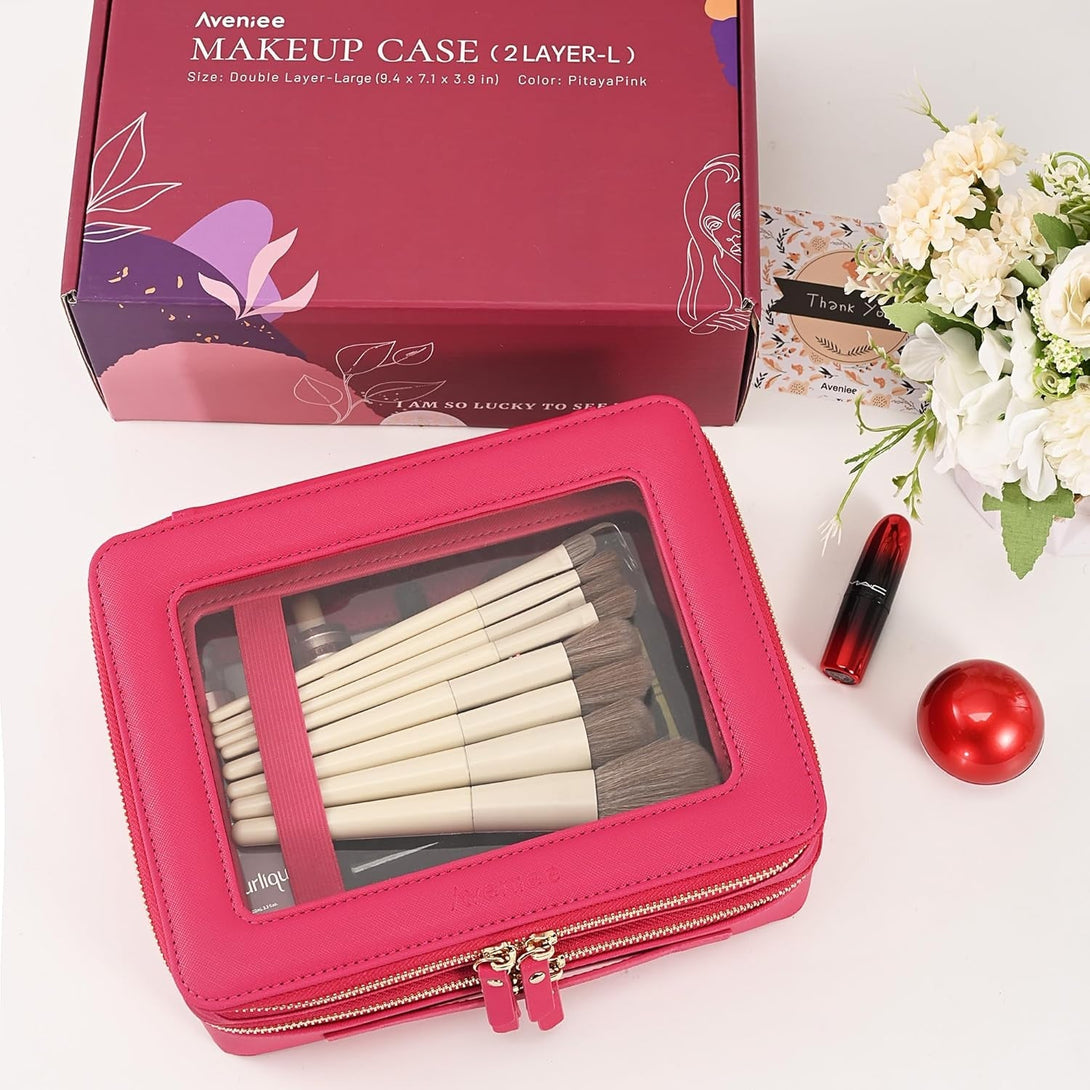 Aveniee Clear Makeup Bags, Double Layer Cosmetic Bags with a Separate Brush Compartment, Large Travel Toiletry Bag Train Case for Women, Travel Accessories Organizer(2 Layers Large, Hotpink)