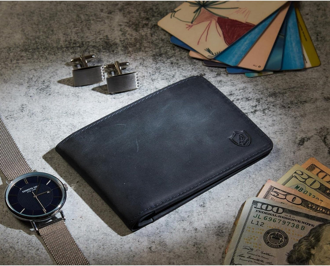 Wallet for Men Bifold Real Leather RFID Blocking Front Pocket Ultra Slim & Thin Stylish Minimalist with ID Window in Gift Box (Crazy Horse, Navy)