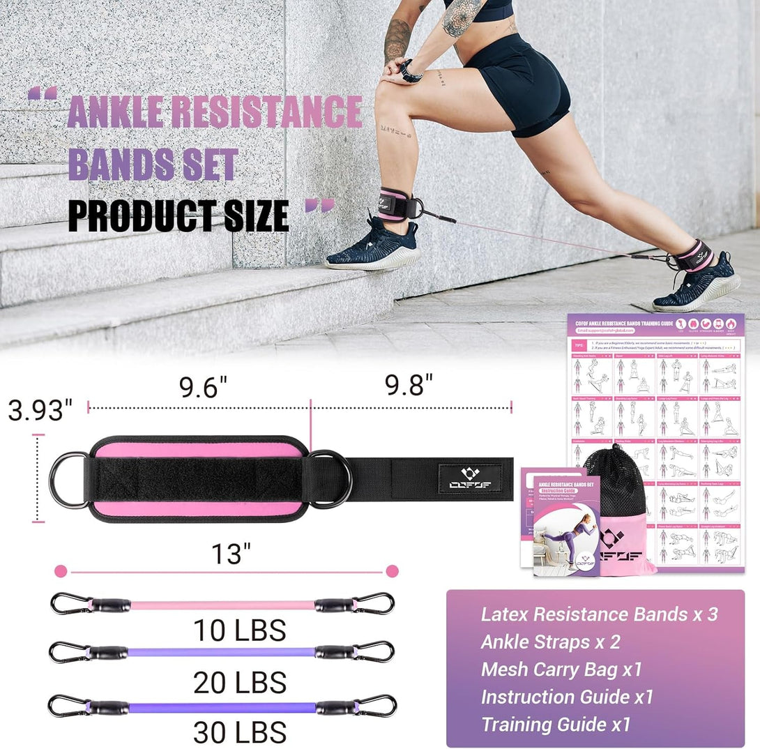 Ankle Resistance Bands with Cuffs for Working Out, Kickbacks, Hip, Leg and Glute Exercise - Training Poster Included - for Women