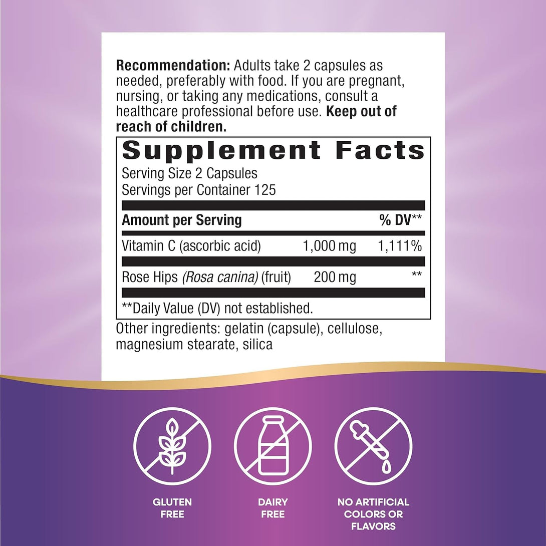 Nature'S Way Vitamin C with Rose Hips - Powerful Antioxidant Protection* - Supports Immune Function* - Strengthens Collagen for Healthy Skin* - Gluten Free - 250 Capsules