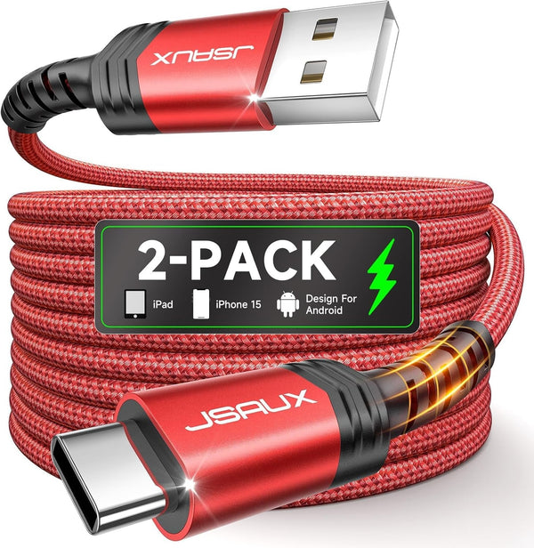 JSAUX USB C Cable [2-Pack 6.6Ft], USB a to USB Cord 3.1A Fast Charging Compatible with Iphone 16/16 Plus/16 Pro/16 Pro Max/Iphone 16E/Iphone 15 Series, Samsung S20 S10 S9, Note 20 10, Car Play - Red