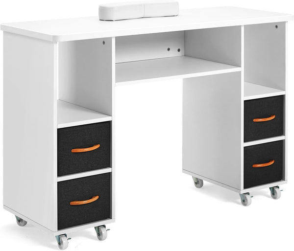 Artist Hand Nail Table, Manicure Table, Nail Tech Table Station, Wrist Cushion, Lockable Wheels, Fabric Storage Drawers, Wooden Handle, White