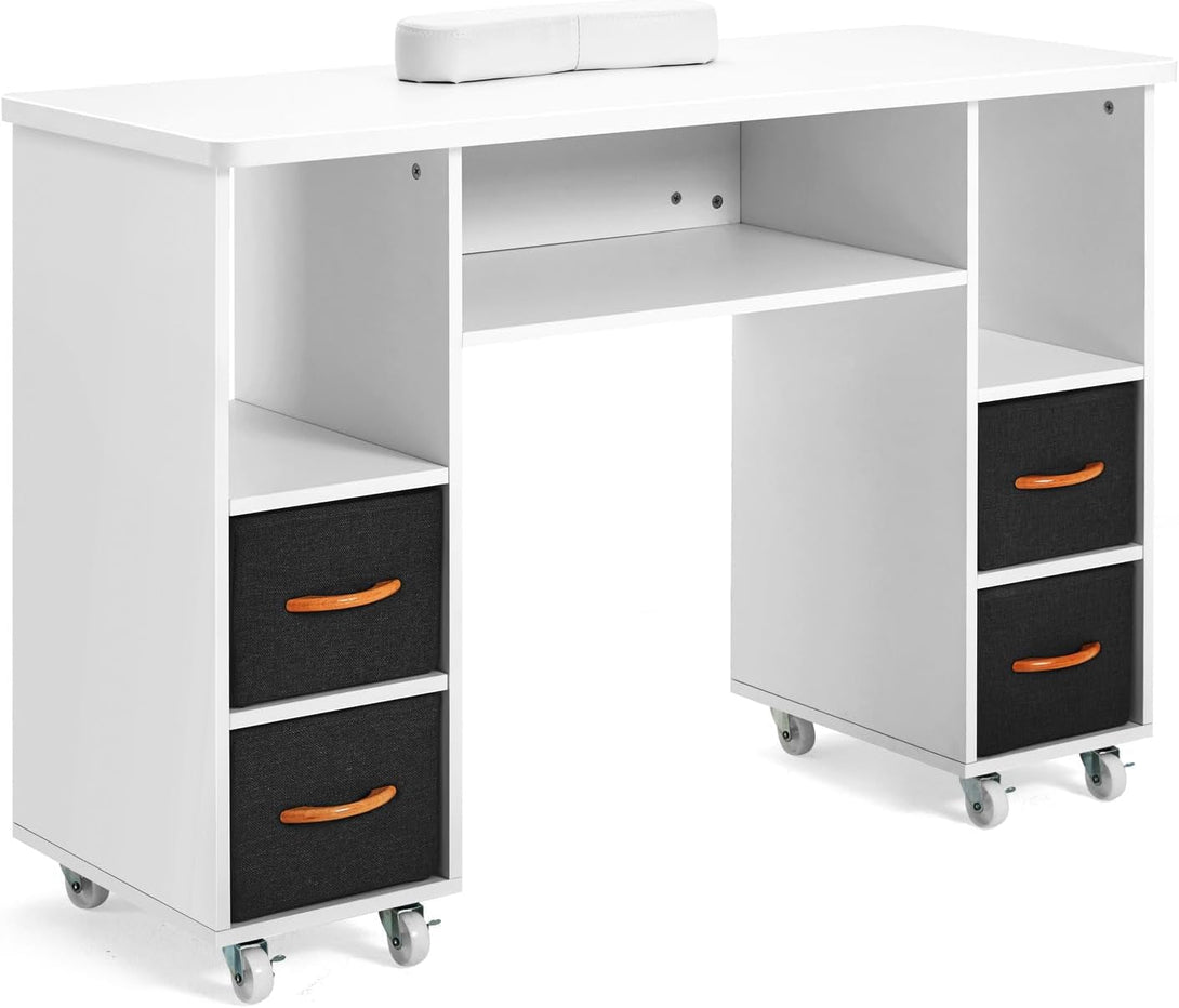 Artist Hand Nail Table, Manicure Table, Nail Tech Table Station, Wrist Cushion, Lockable Wheels, Fabric Storage Drawers, Wooden Handle, White