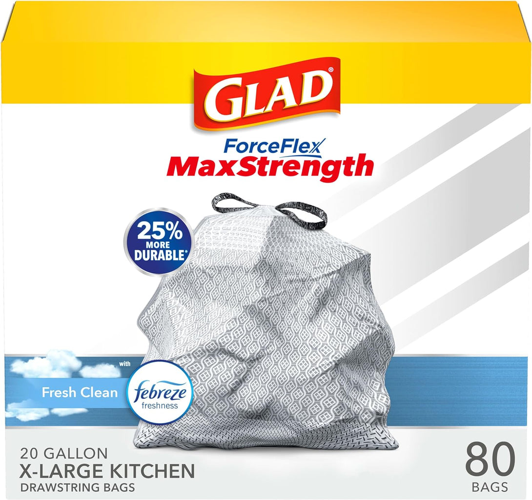 Glad Forceflex Maxstrength XL Kitchen Trash Bags, 20 Gal, Fresh Clean, 80 Ct (Package May Vary)