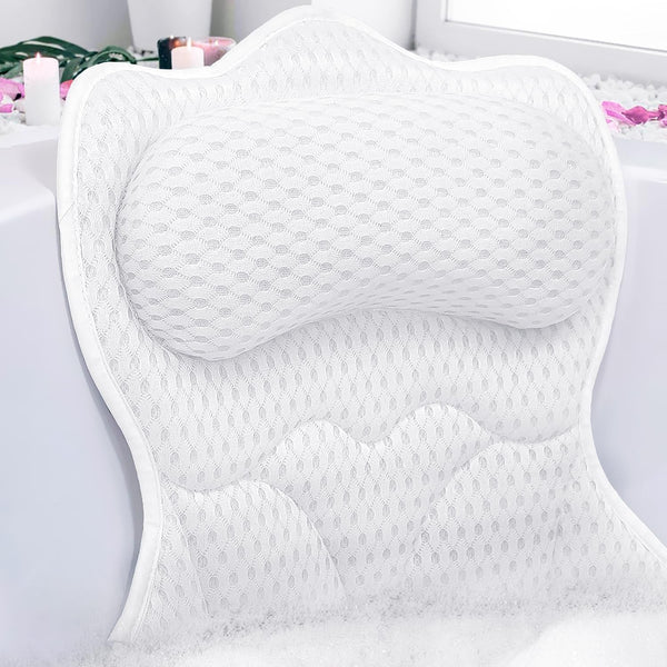 REEZEIVI Bath Pillows for Tub,Bath Pillow with 6 Non-Slip Suction Cups,Soft 4D Mesh Fabric,Bathtub Pillows for Tub Neck and Back Support,Extra Thick Luxury Bathtub Pillows,White