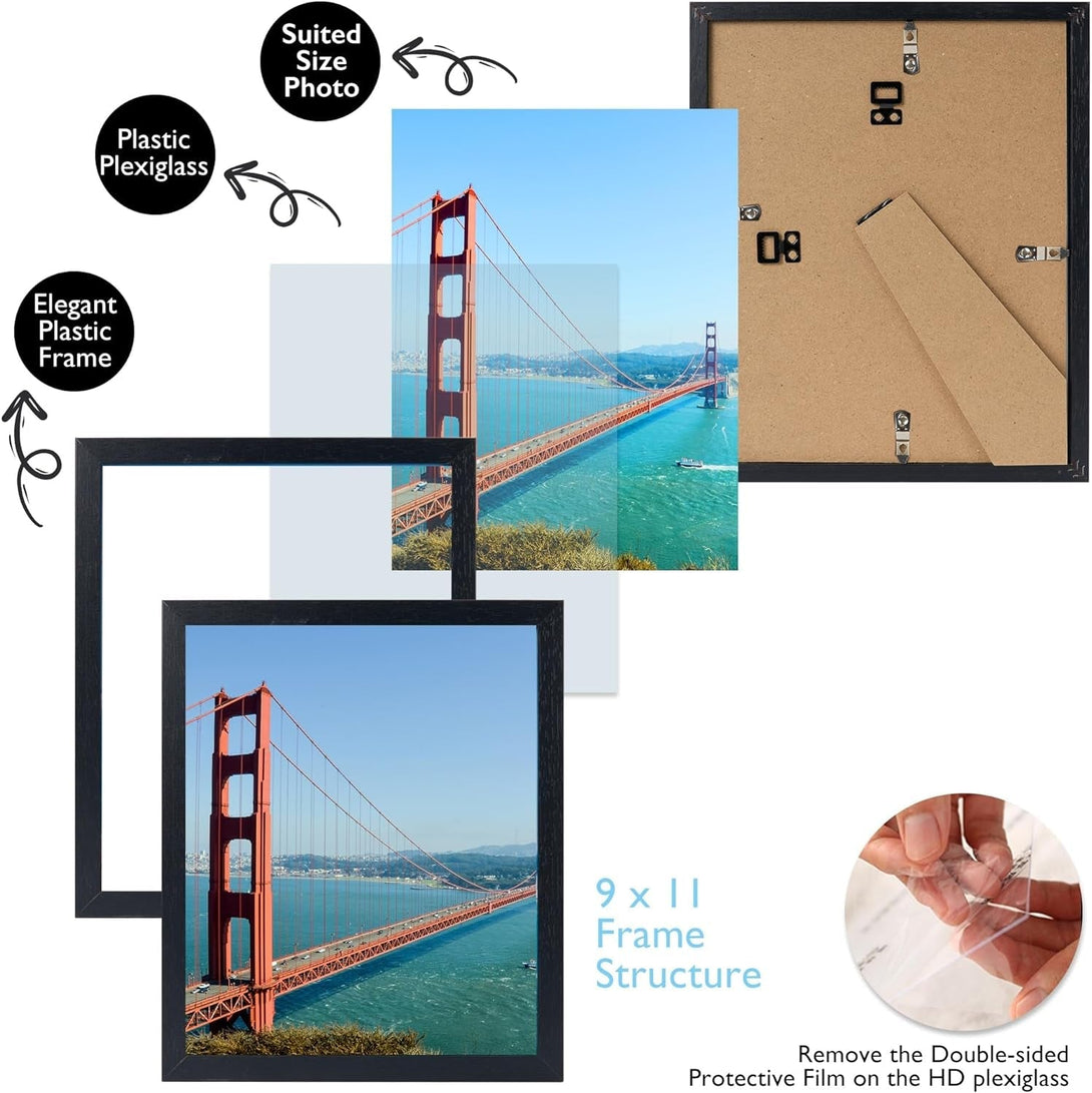 9X11 Inch Picture Frame Black for Wall Hanging or Tabletop, Poster Frame Wall Gallery Photo Frame with Shatter Resistant Plexiglas, Black