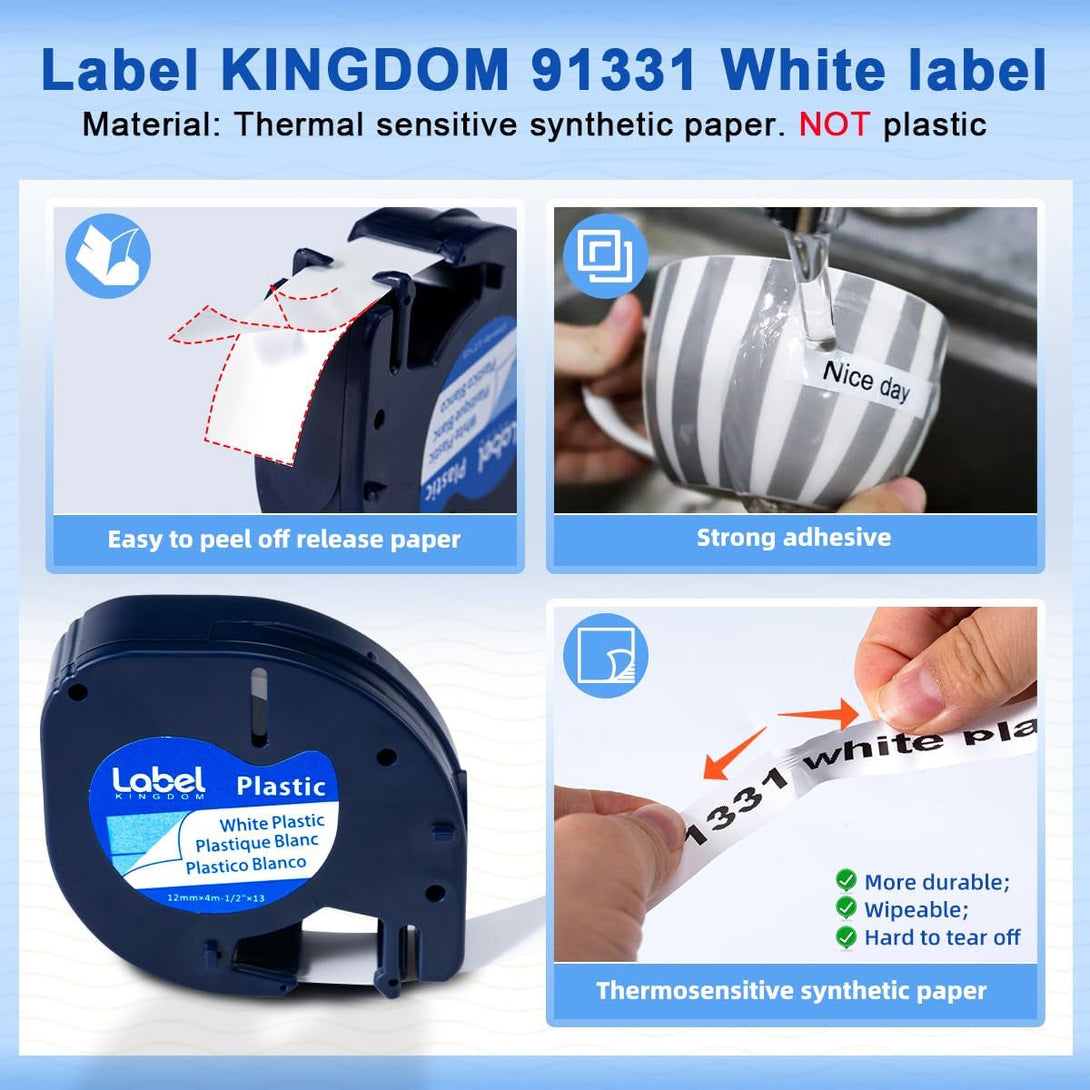 Compatible with DYMO Letratag Label Maker Refill 91331 White Plastic Tape 12Mm X 4M (1/2" X 13') for Labeler Letra Tag 200B LT 100H 100T Plus, 5-Pack Label KINGDOM Label