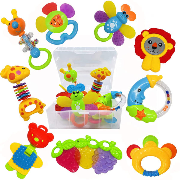 AIVIAI Baby Toys 0-6 Months Infant Toys 0-3 Months Infant Rattles Baby Rattle Teether Toy Set with Storage Box Musical Rattles for Newborn Boy Girl Gifts Set with Baby'S First Rattle Teether (11Pcs)