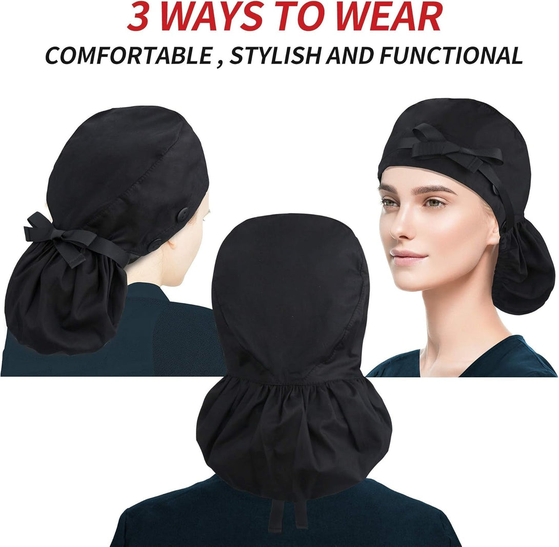 ABAMERICA Scrub Caps for Women Surgical Caps Nurse Hat Functional Ponytail Holder for Long Hair Single or Satin-Lined