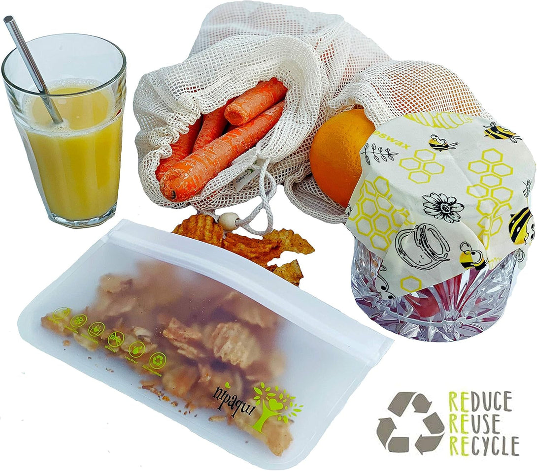 17 PCS Zero Waste ECO Friendly Gift: Reusable Food Storage Bags, Beeswax Wrap, Mesh Bags, Straws. Gift for Women and Men