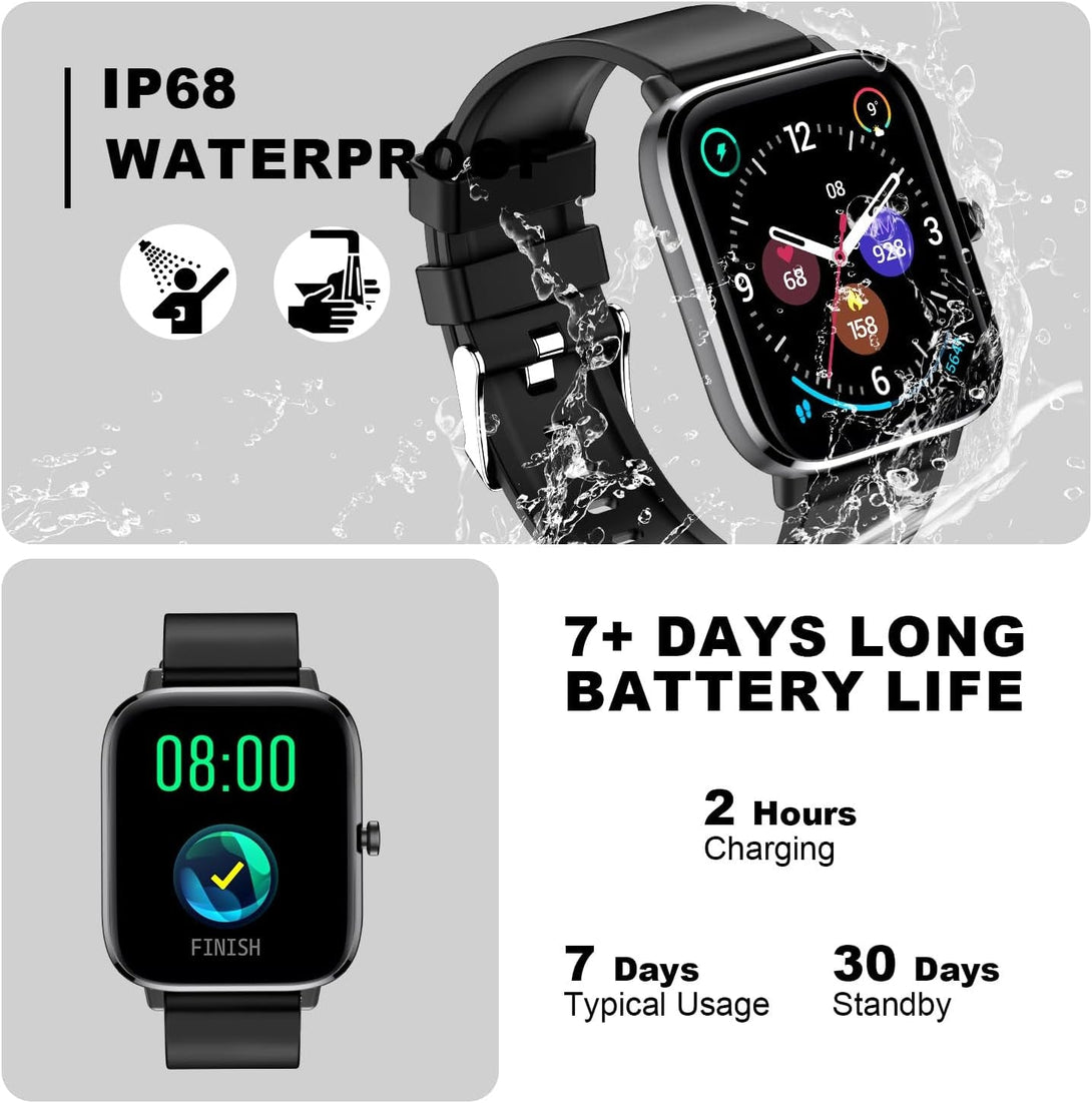 Smart Watch for Men Women Fitness Tracker Watch for Iphone Samsung Android Phone Compatible, Smartwatch with Pedometer, Heart Rate/Sleep Monitor, Blood Oxygen, IP68 Waterproof (Black)