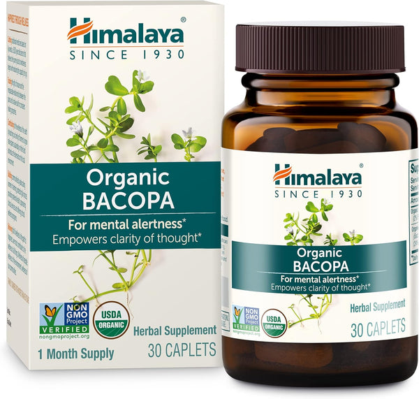 Himalaya Organic Bacopa Monnieri Nootropic Herbal Supplement, Mental Alertness, Supports Calm, Memory, Cognition, USDA Certified Organic, Non-Gmo, 750 Mg, 30 Plant-Based Caplets, 30 Day Supply