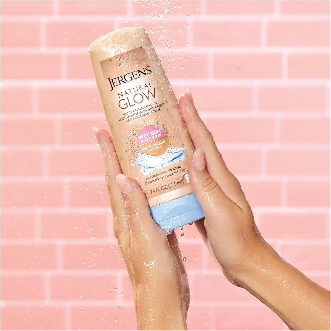 Jergens Natural Glow in Shower Lotion, Self Tanner for Fair to Medium Skin Tone, Sunless Tanning Wet Skin Lotion for Gradual, Flawless Color, 7.5 Ounce (Packaging May Vary)
