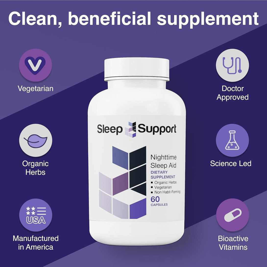 Sleepsupport - Natural Sleep Aid for Adults to Help Promote Calm and Relaxation - Organic Sleep Supplement with Ashwagandha, Valerian Root, Magnesium, Melatonin, Glycine, L-Tryptophan - 60 Capsules