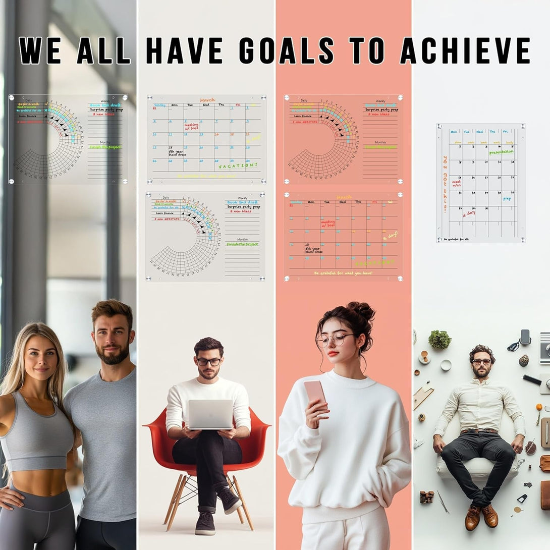Acrylic Calendar and Habit Tracker Set - Clear Magnetic Calendar for Fridge - Clear Magnetic Planner for Refrigerator - Acrylic Dry Erase Board for Wall with Pens, Holder, Eraser - the Goal Tracker