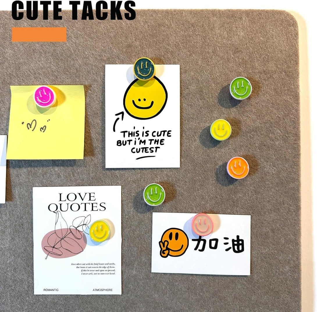 24 Smiley Face Decorative Push Pins, Cute Bulletin Board Push Pins, Thumbtacks for Cork Boards, Office Organization, or Home Décor (24-Colourful)