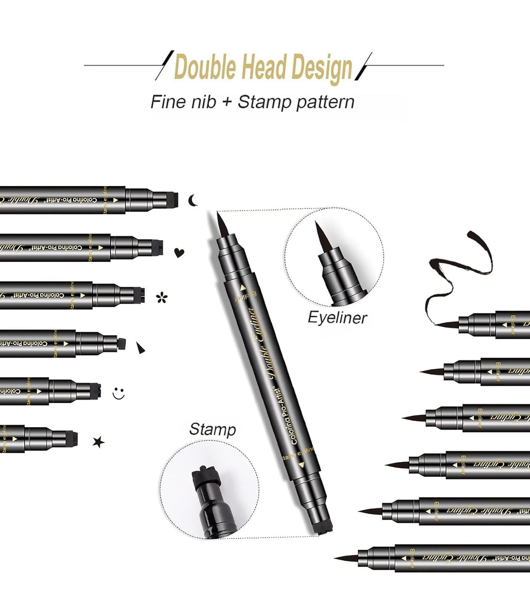 6 Pcs Double-Headed Eyeliner Stamps Set Black Liquid Eye Liner Pen with Star,Moon,Heart,Flower,Smiley,Triangle Stamp Stencils Shapes for Women Makeup Kit Long-Lasting Waterproof Smudgeproof